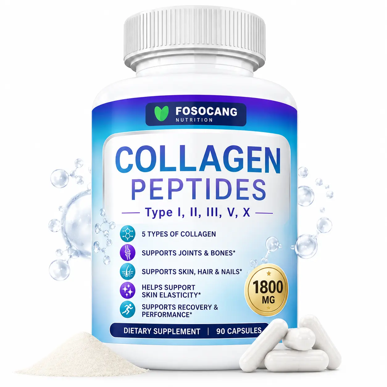 FoSoCang Collagen Peptides Complex - 5 Types Hydrolyzed Peptides, 1800mg High Concentration Boosting Formula, 90 Vegan Capsules for Hair Skin Nails Support