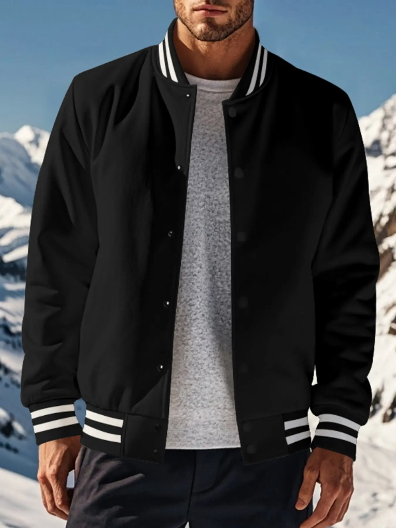 Men's American retro baseball jacket, with stripes on the collar, cuffs and hem, has a sporty and street style, suitable for daily street wear campus life, light leisure gatherings and other scenarios, essential for autumn and winter, fashionable outfit.