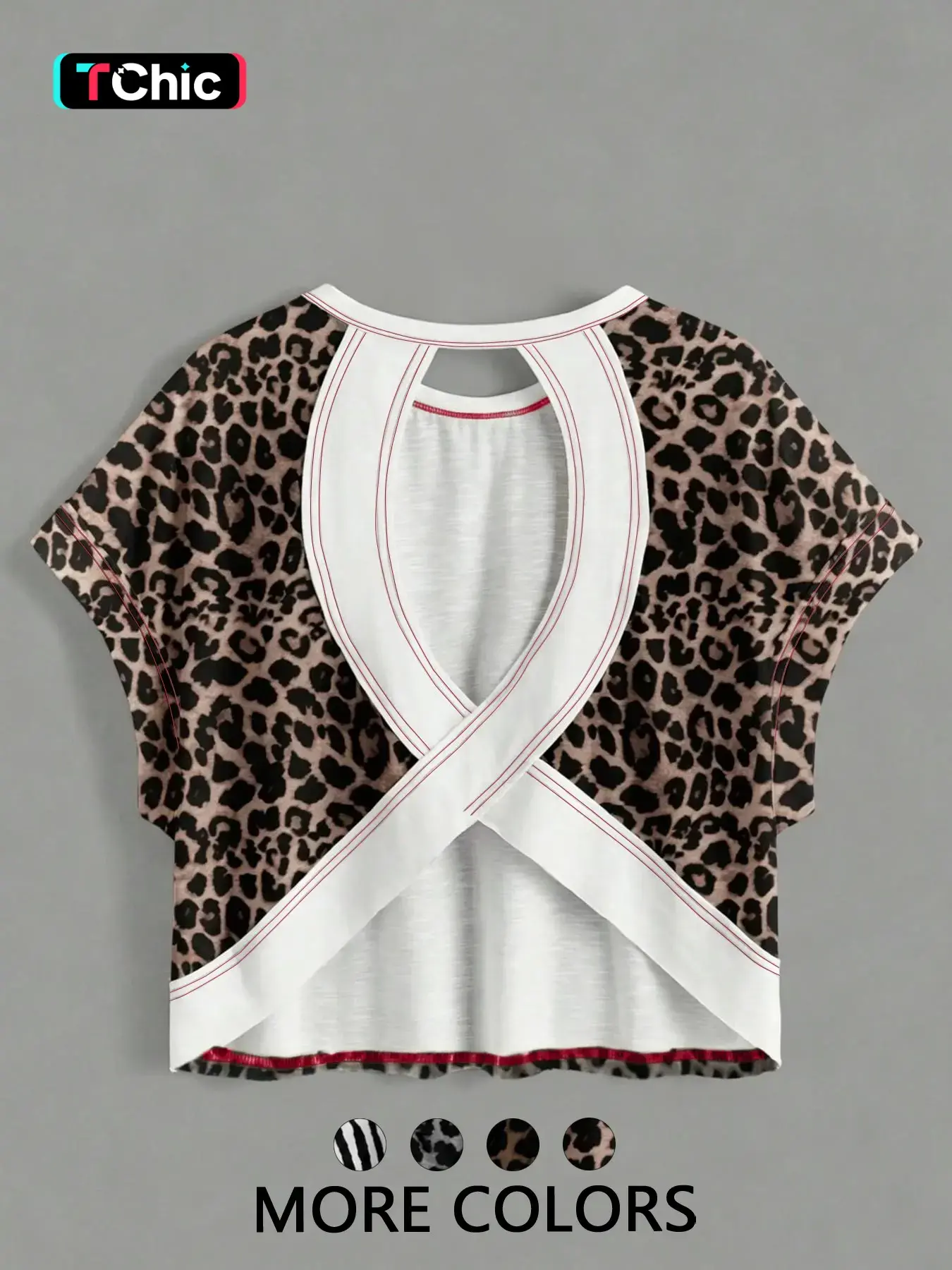 Women's Leopard Print Criss Cross Back Cutout Crop Top, Batwing Sleeve Loose T-Shirt, Y2K Baddie Streetwear Vibe, Party & Music Festival Tops