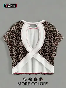 1 Leopard Print Back Cross Cutout Crop Top Women | Batwing Sleeve Loose T Shirt | Y2K Baddie Streetwear | Party Music Festival Outfit