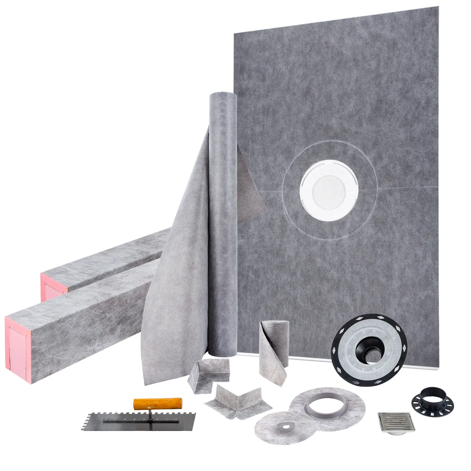 【Summerfinds】VEVOR Shower Curb Kit 48\"x72\" Watertight Shower Curb Overlay with 4\" PVC Central Bonding Flange4\" Stainless Steel Grate2 Cuttable Shower Curb and TrowelShower Pan Slope Sticks Fit for Bathr