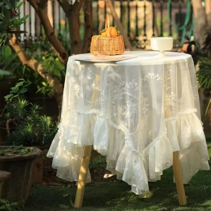 Floral Embroidery Tablecloth, 1 Count Boho Style Round Tablecloth with Lace Trim, Rustic, Table Setting, Table Decoration Supplies for Home, Kitchen, Dining Room, Outdoor Garden