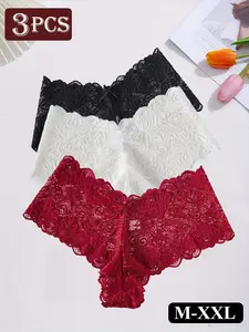 Women's Underwear Set, 3-Pack Hipster Panties, Soft Breathable Low-Waist Comfort, Sexy Fitted Plain Design, All Seasons Wear, Lace Panty, Soft Breathable Knicker