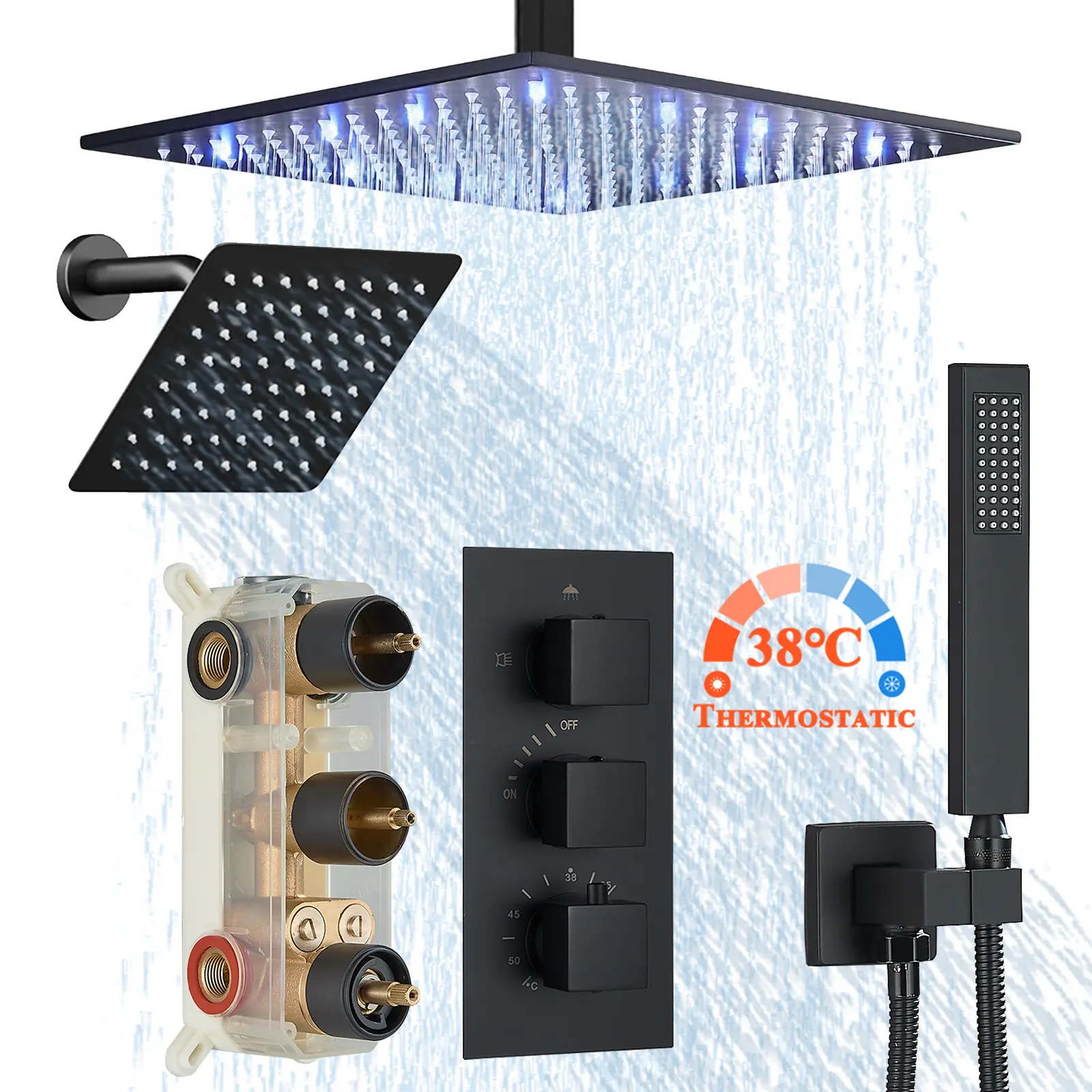 Shower Faucet Set Black Thermostatic Shower System with Handheld Spray , Ceiling Mount 12 Inch LED Shower Head and 6 Inch Wall Mount Shower Head, Bathroom Shower Valve Combo with Trim Kit