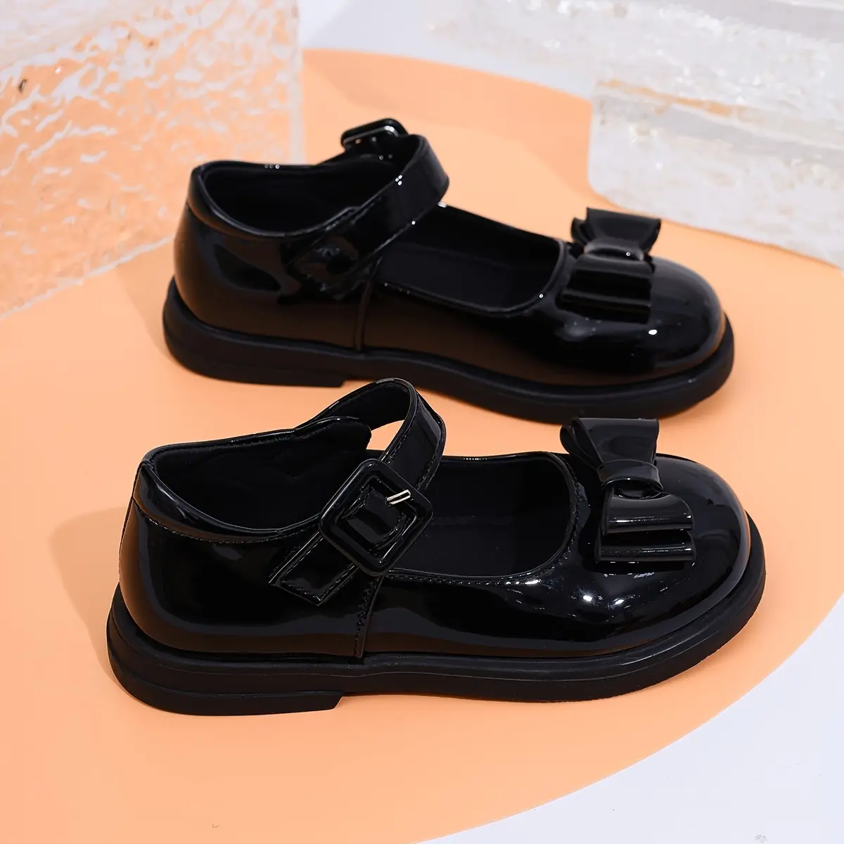 New1 Pair of Black Princess Mary Jane School Uniform Shoes for Girls - Soft Sole, Non-Slip, Glossy Finish with Bow Detail, Round Toe, Ankle Strap Closure, All-Season Wear, Uniform Footwear |       Princess Style Shoes |       Durable Sole Shoes