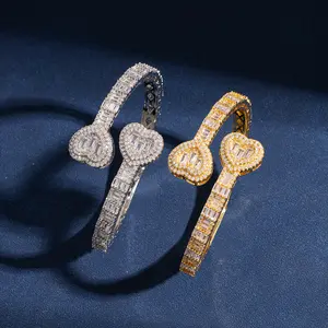 Iced Out Baguette Diamond Bracelet Jewelry for Women, Hip Hop Gold Silver Plated Cubic Zirconia Bangle Bracelet Heart Cuff Bracelet