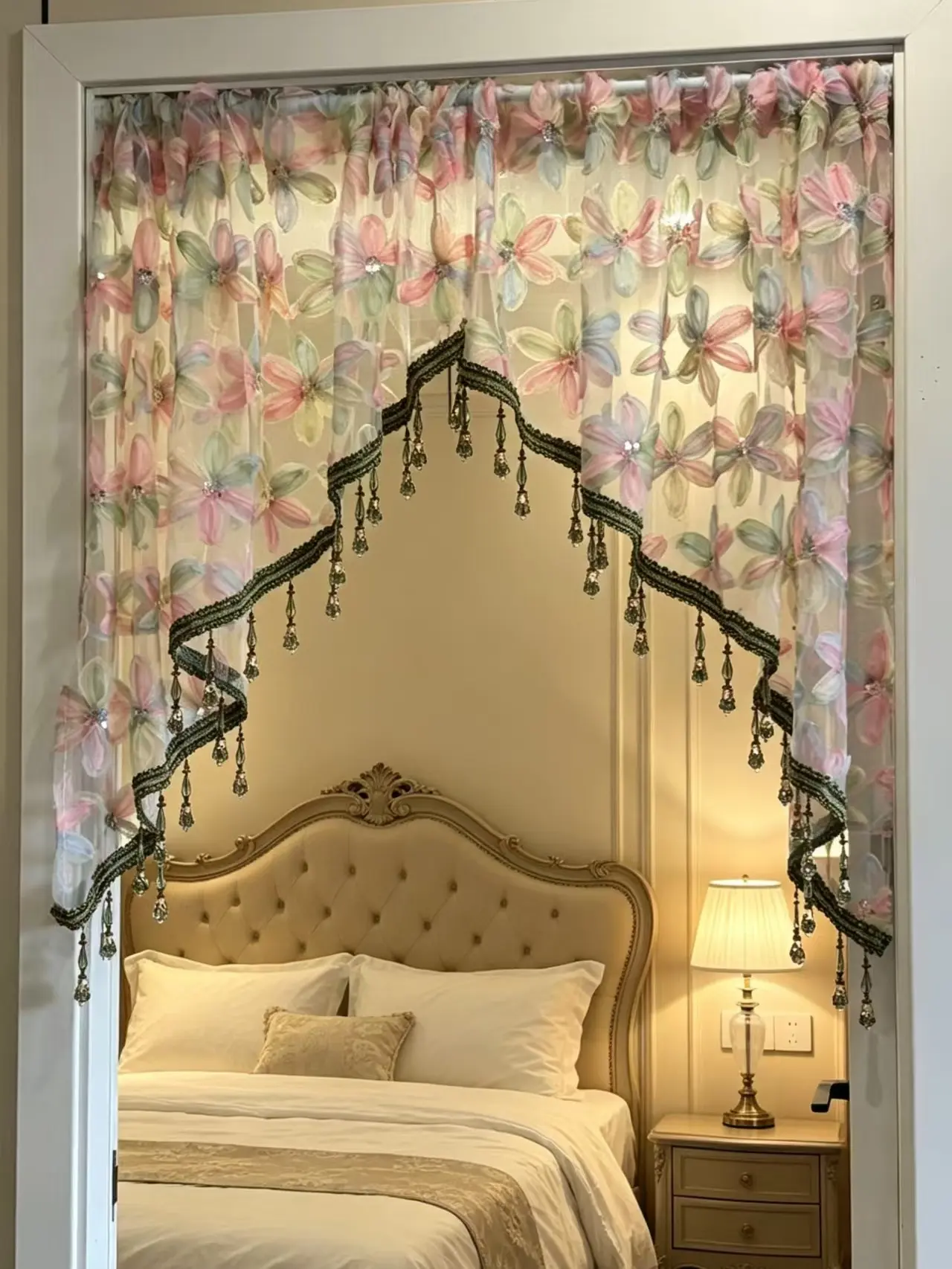 Romantic Vintage Floral Lace Home Decorative Curtains - Beaded Sheer Arched Room Divider, Ideal for Bedroom, Wedding Event Home Hanging Decor Supplies, Home Decorative Curtain