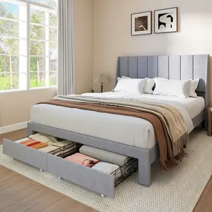 Upholstered Bed Frames With 2 Storage Drawers，Channel Tufted Headboard,Fabric Wrapped Legs,Elegant Platform Bed With Ample Underbed Storage