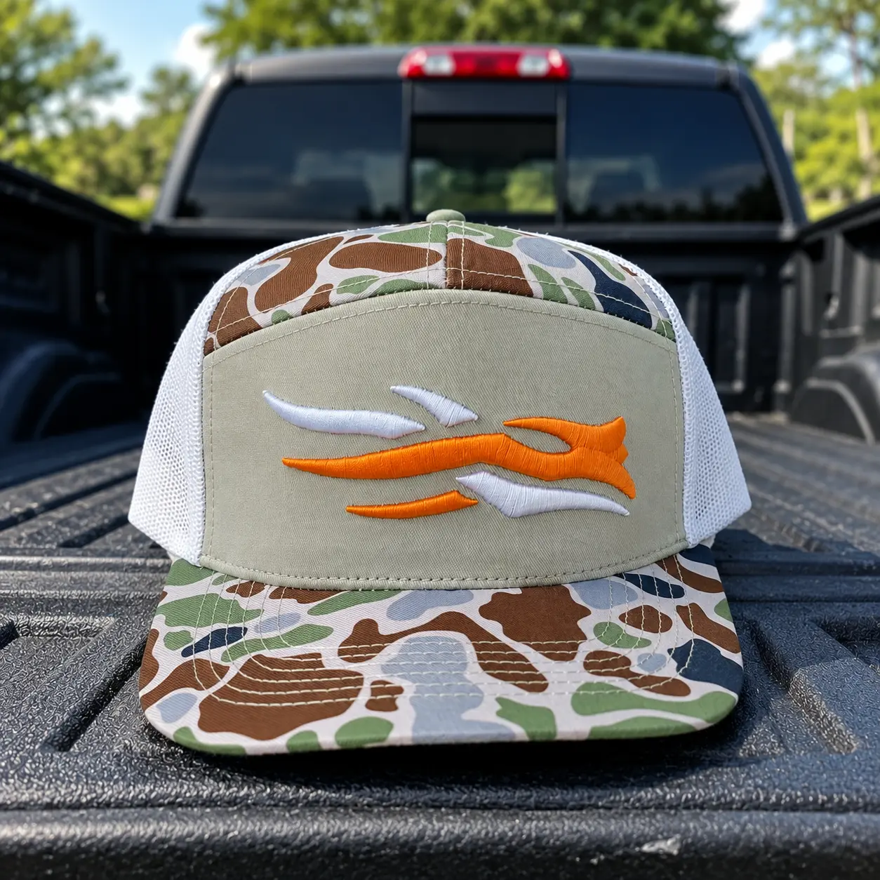 Sitka Brackish and White Duck Camo Trucker Hat with Embroidered Flame Logo, Mesh Back Snapback Hunting Cap, Adjustable Outdoor Hat for Hunting, Fishing & Everyday Wear