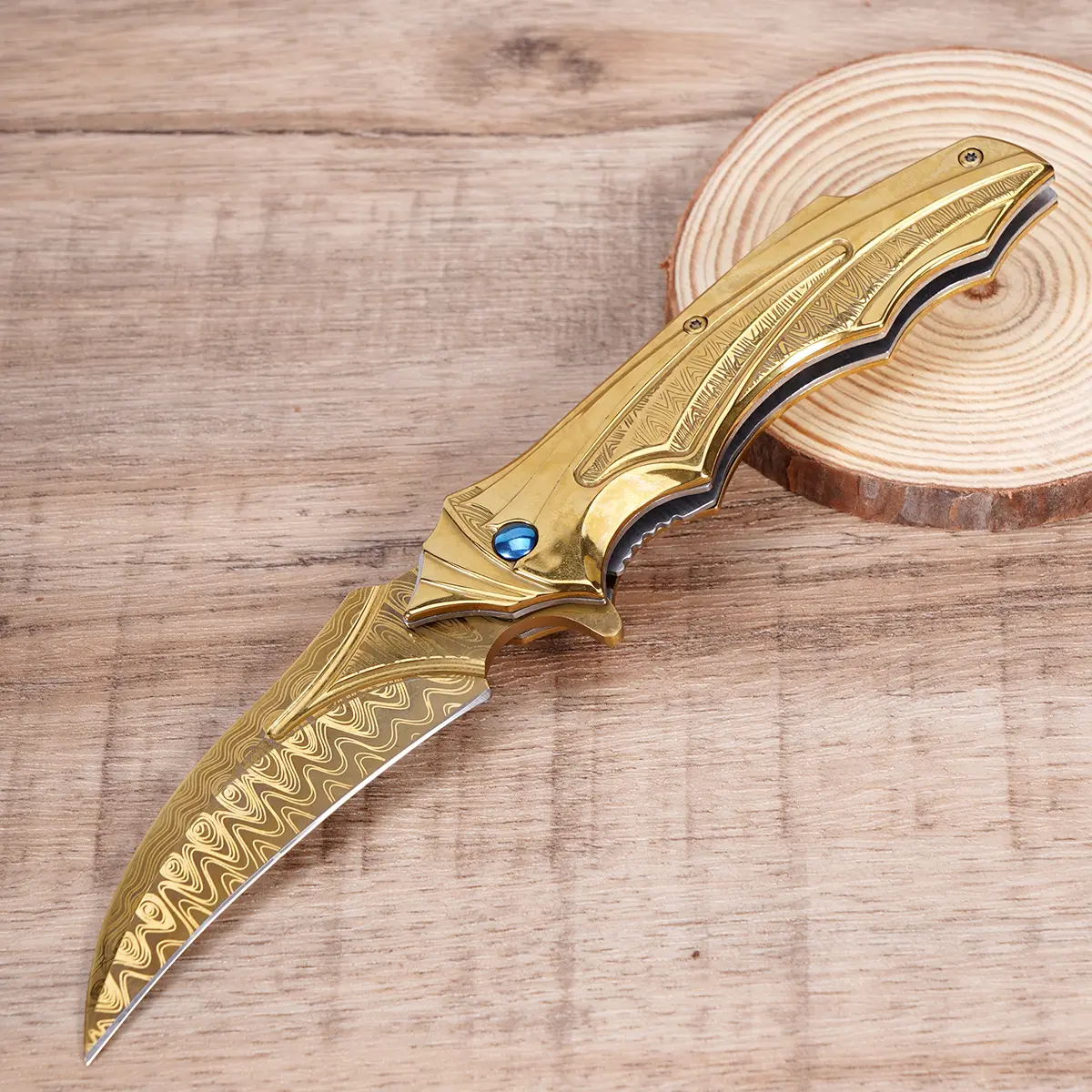 Vintage Gold Engraved Folding Pocket Knife, Damascus Pattern EDC Collection Tactical Knife, durable men's EDC gift, Christmas gift, birthday gift.
