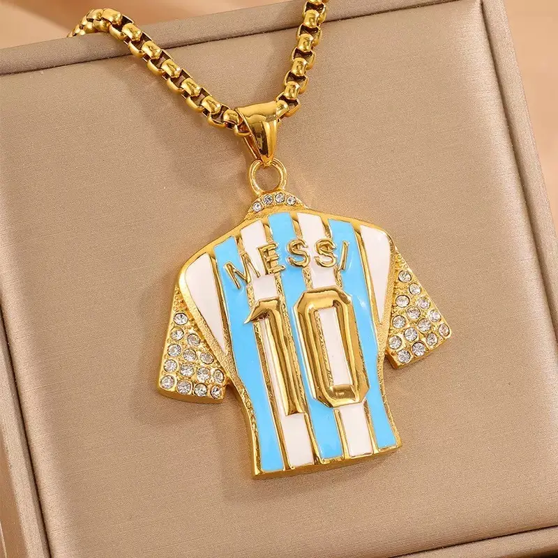 Luxury Full Diamond Soccer Jersey Pendant Necklace, Titanium Steel Football Theme Accessory, Stainless Steel, Fade-Resistant, Versatile Design, Bling Pendant, Costume Jewelry Necklace