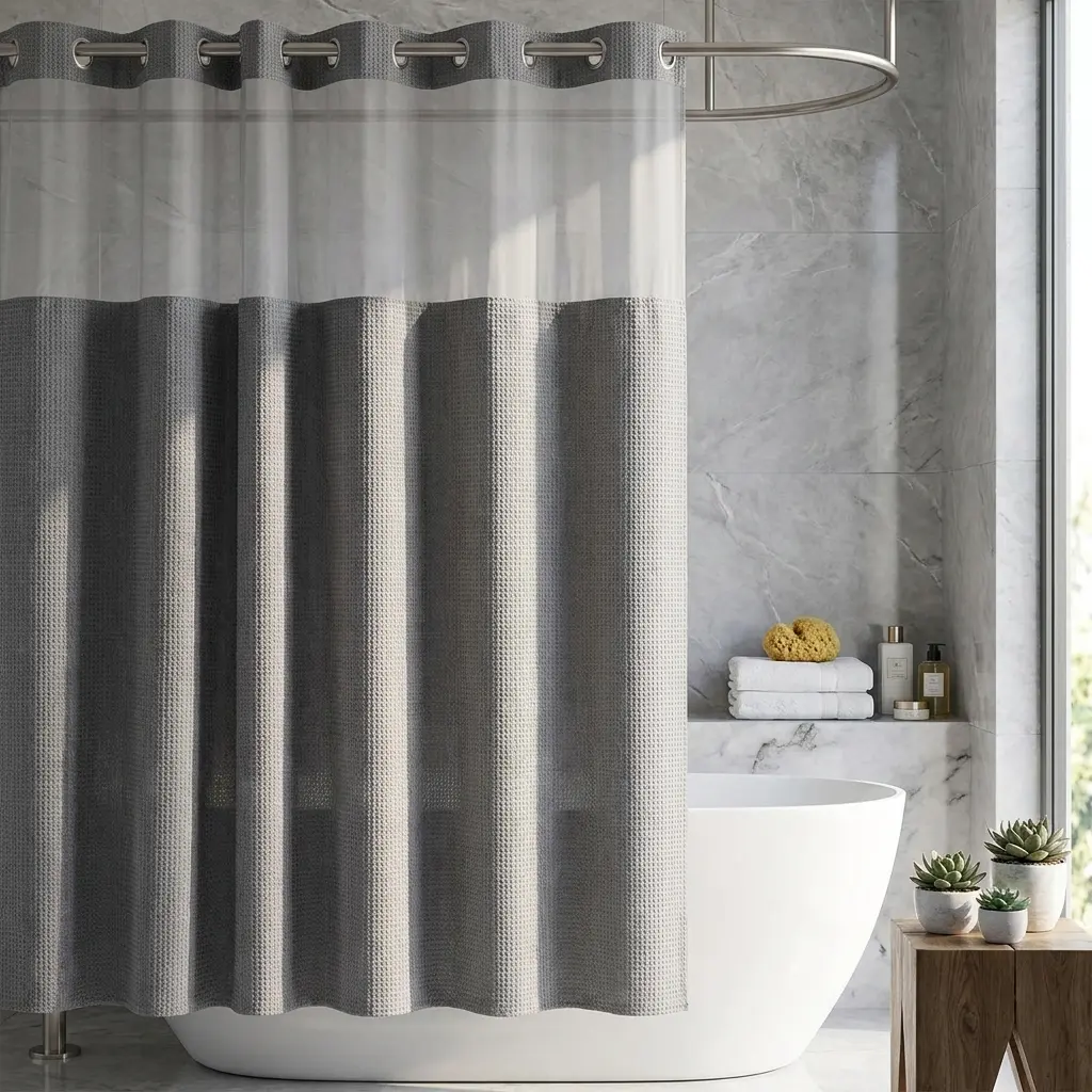 72x75 Inches Straight Waffle Weave Black Shower Curtain Set - No-Hooks Modern Dark Grey Double-Layer Waterproof Fabric with Snap-in Liner, Top Sheer Window, Essential Home Bathroom Accessory, Black（72*75In）, Shower Curtains
