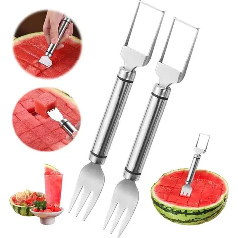 2-in-1 Watermelon Fork Slicer Cutter Stainless Steel Summer Watermelon Cutter for Kitchen Gadget Camping Home Party