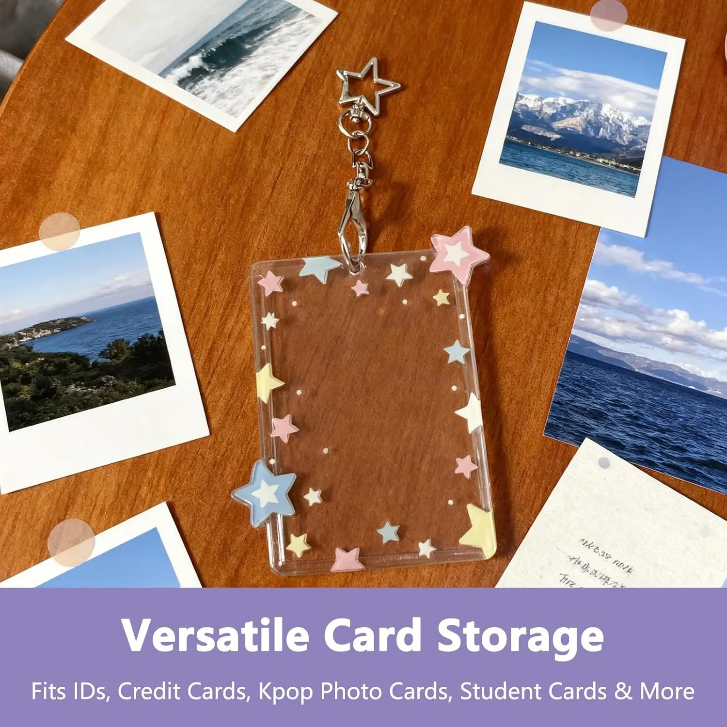 Star Photo Card Holder Keychain 3 Inch Acrylic Photocard PC Holder Cute Photocards Holders with Star Pendant for Idol Card Photo Album and Collectible Photocard Storage Accessories Removable Cardholder Photo Strip Holder