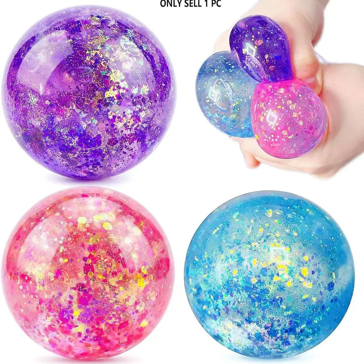 Squishy Glitter Sugar Stress Ball Fidget Toy, Sugar Sensory Stress Ball Toy for Kids/Adults Anxiety Relief, Glitter Squeeze Balls, Quiet Office Desk Accessory, Stocking Stuffers, Anxiety Fidgets