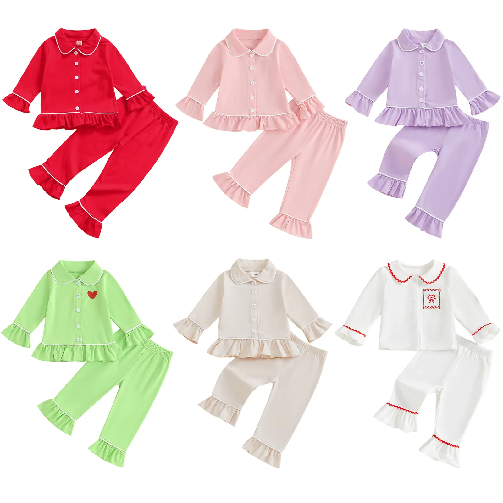 Baby Kid Girls Ruffled Cotton Pajamas Set Long Sleeve Button Down Shirts Tops and Pants Matching 2PCS Pj Lounge Sets（0-6T）
