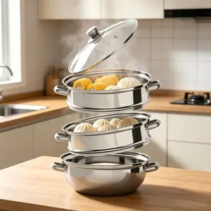 3-Tier Round Stainless Steel Steamer Cookware with 12.8 in Large Capacity, Transparent Glass Lid, Handles, Induction Compatibility, Fast Heating, Dishwasher Safety for Home Kitchen Gas/Electric Ceramic Stovetops Vegetable Cooking