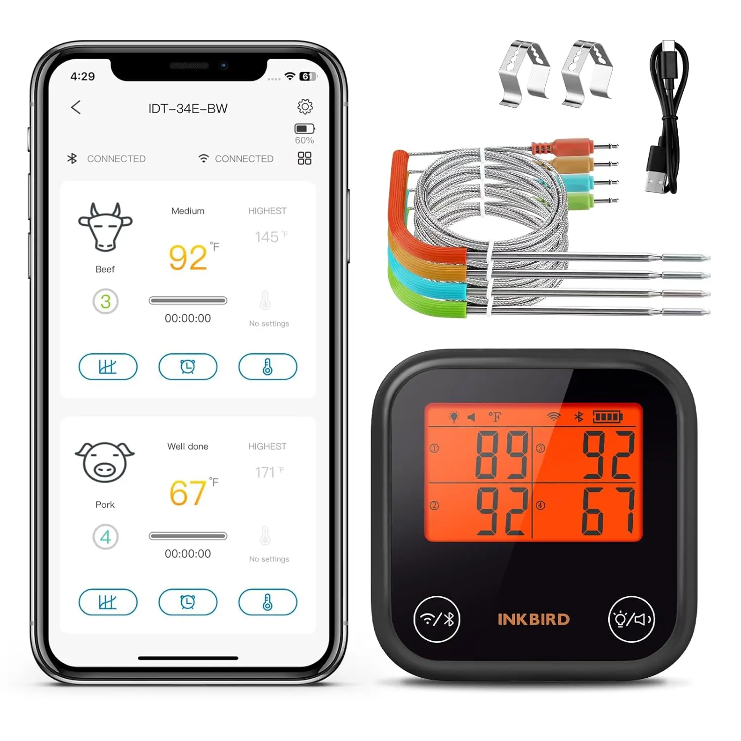 INKBIRD Wireless Food Thermometer - 1 WiFi & Bluetooth Instant Reading Device with Temperature Alarm, Stainless Steel Black Kitchenware Utensil with Thermometer Clamp for Cooking, Bakingummerwins