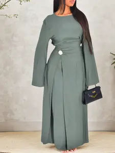 Muslim Women Plain Simple Modest Style Dress with Back Tie, Waist Cinching, Decorative Buttons, Perfect for Friend Gatherings & Casual Occasions, Modest Muslim Outfits