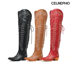 CELNEPHO Women Cowboy Boots Pointed Toe Back Lace up Western Embroidered Booties Block Heel Over the Knee Boots Easy Pull on Side Zipper Gift Horse Riding Country Cowgirl Cosplay Party Dress Shoes