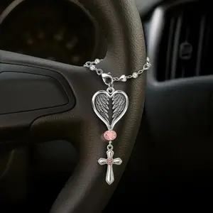 Guardian Angel Wing Keychain Pendant Stainless Steel Hollowed Out Heart Necklace Rose Crystal Cross Car Suspension Gift Bag Charm Spiritual Rearview Mirror Ornament bag charm
