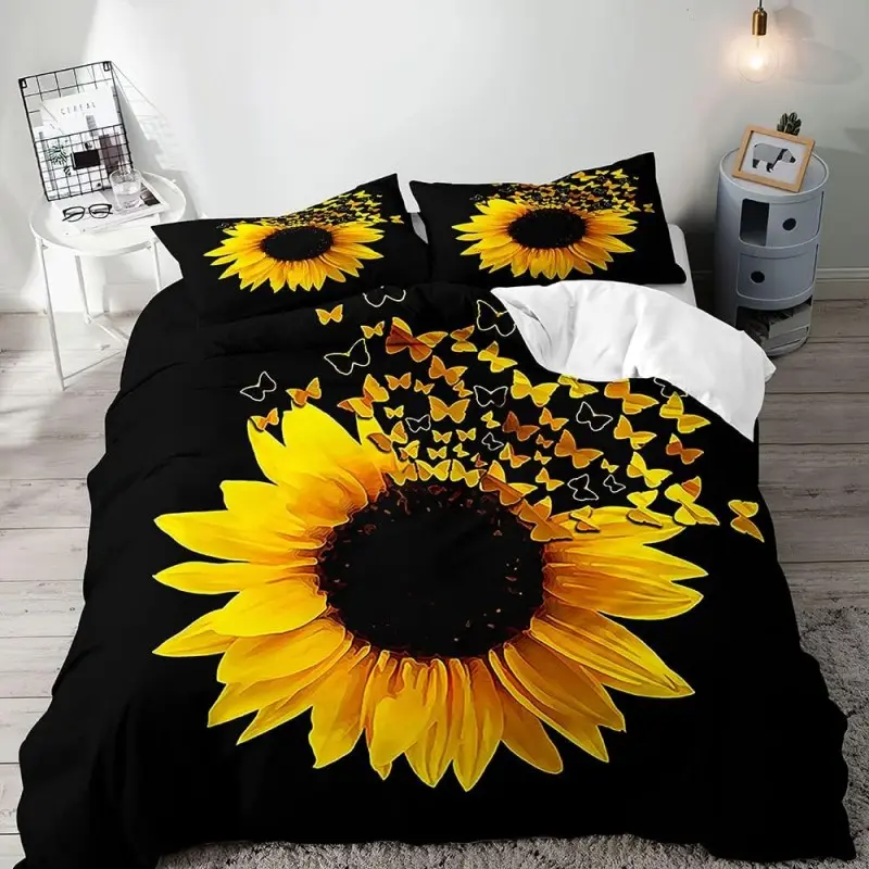 Sunflower Print Bedding Set, 3 Piece Set Includes Fitted Sheet and Pillowcases, Soft and Comfortable Home Bedroom Bed Linen, Decorative Bedding Set, Decorative Bedsheet Sets