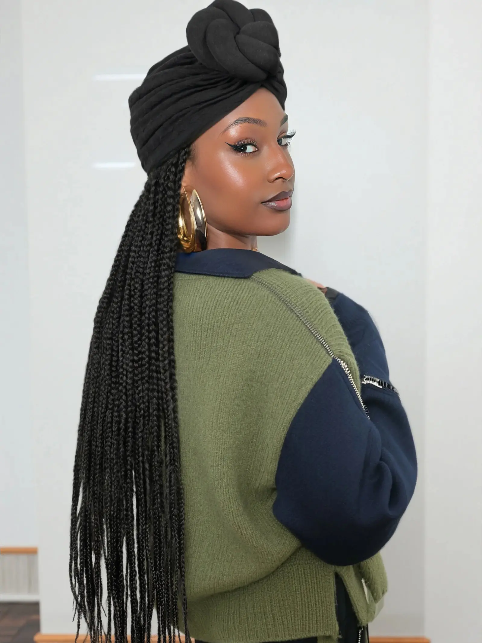 Women's 36-Inch Synthetic Braided Wig with Turban, Glueless Design for All-Season Daily Wear