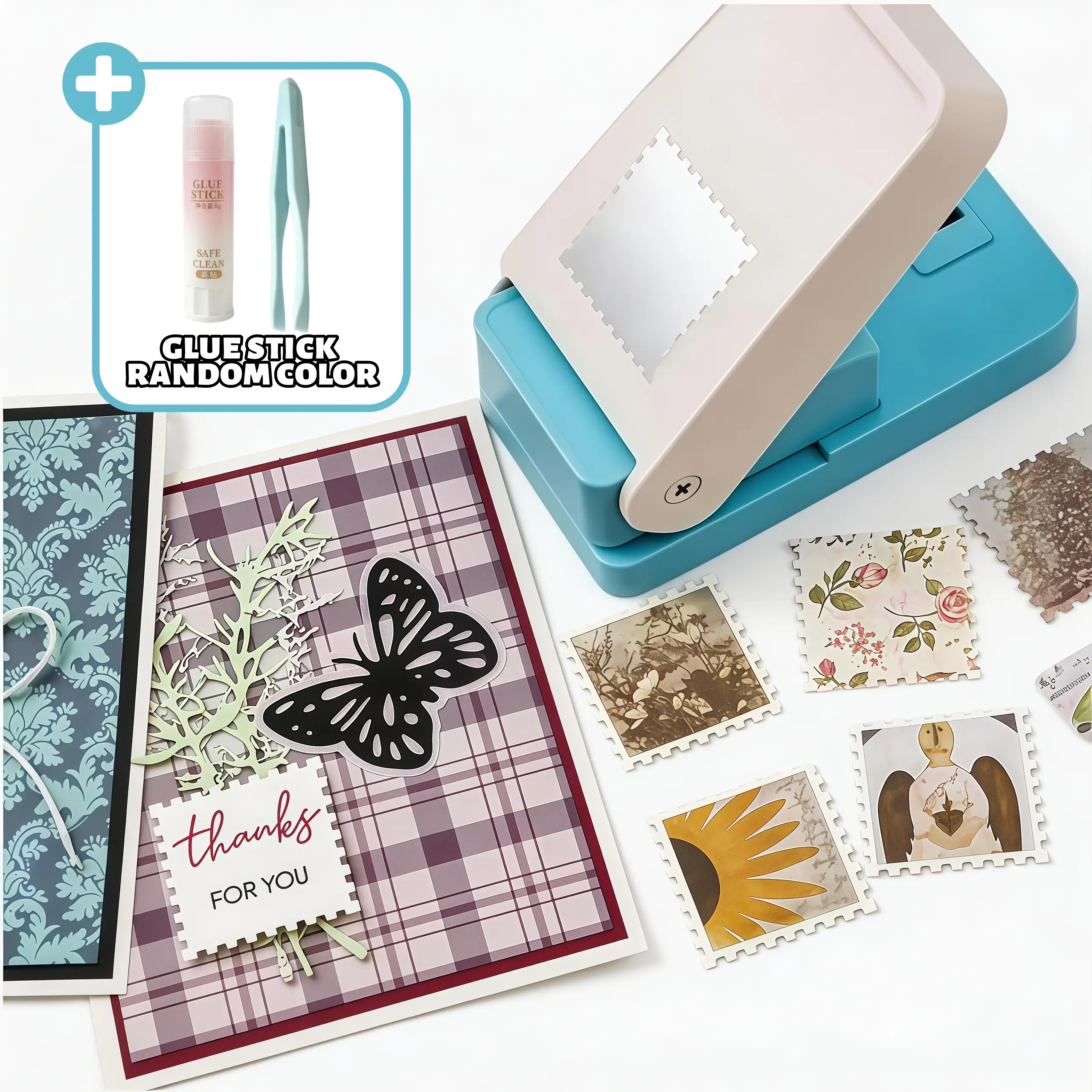 Large Stamp Puncher & Embossing Tool, Stamp-Style Decorative Cutter in M/L Sizes, perfect for handmade books, albums, cards, office supplies and scrapbooking. Free glue stick and tweezers included. #crafttok#crafter,summerwins