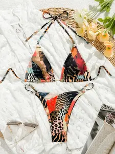 Two-Piece Set Women's All Over Print Bikini Set, Casual Fashion Chic Swimsuit Set for Beach Holiday Vacation, Ladies Swimwear for All Seasons, Leopard Print Bikinis