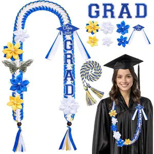 50'' Class of 2026 Graduation Lei and  Cord Double Strand Braided Graduation Ribbon Leis Graduate  Lei  with DIY Grad Patch 6 Flower for Men Women Ceremony Party(Black White )