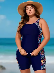 Plus Size Navy Blue One-Piece Swimsuit with Floral Print Sleeves and Shorts for Women Comfortable Stylish Beachwear Elegant Look beach vacation wear summer Tankini Tummy Control Halter Metal Decor Monokini sporty boy