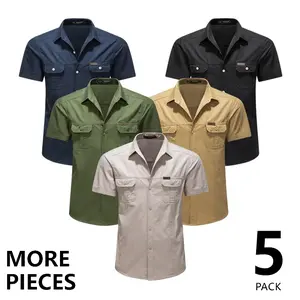 5-Pack Men’s Short Sleeve Button-Down Work Shirt with Pockets, Solid Color Vintage Style Military Shirt, Casual Shirt for Camping and Outdoor Activities