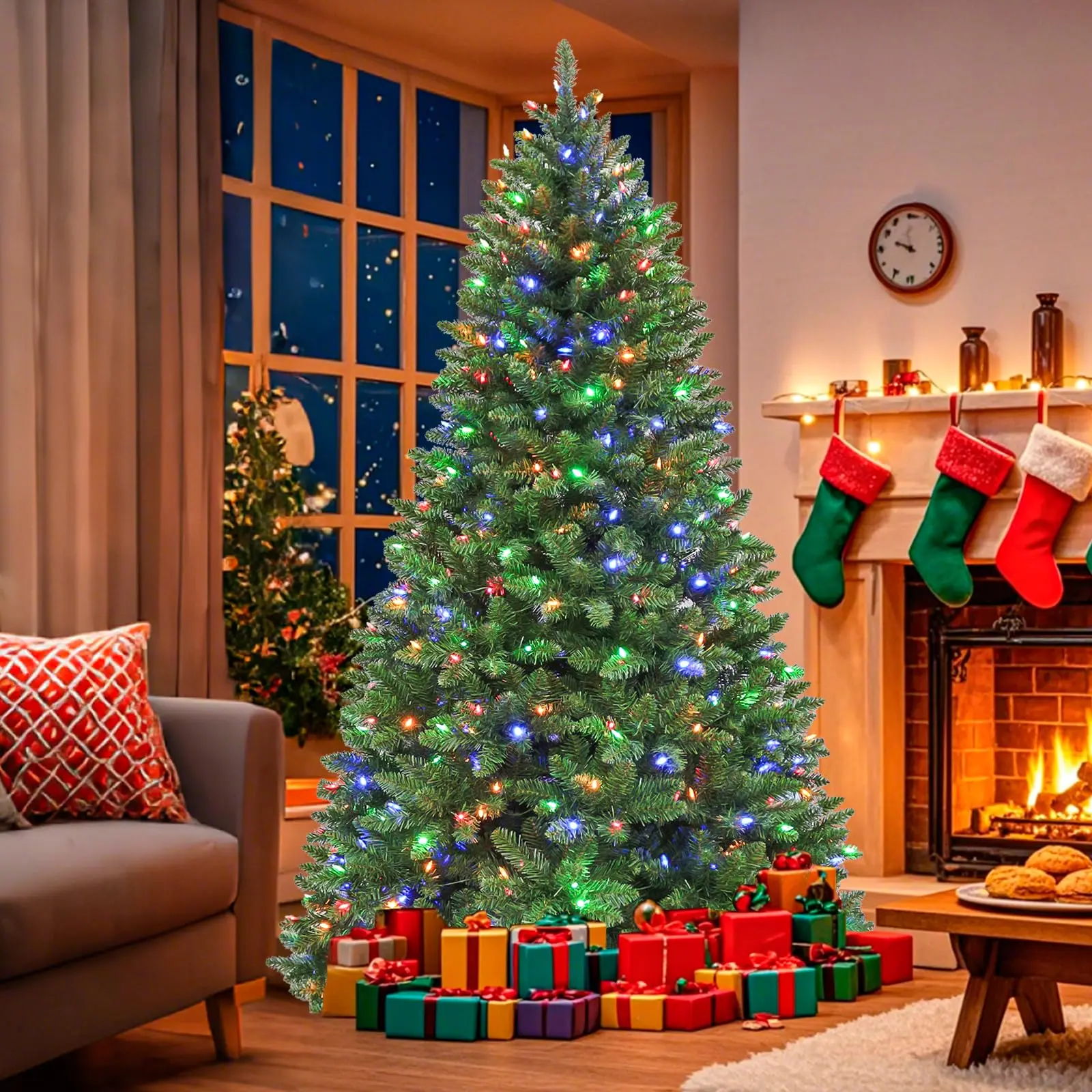 High-End Pre-Lighted Artificial Christmas Trees - 6/7.5ft, Multi-Color LED (250/450), Flame Retardant PVC Tip (1032/1450), 10 Modes, Hinge Settings, Foot Pedal, Metal Stand, Home Festive Decoration