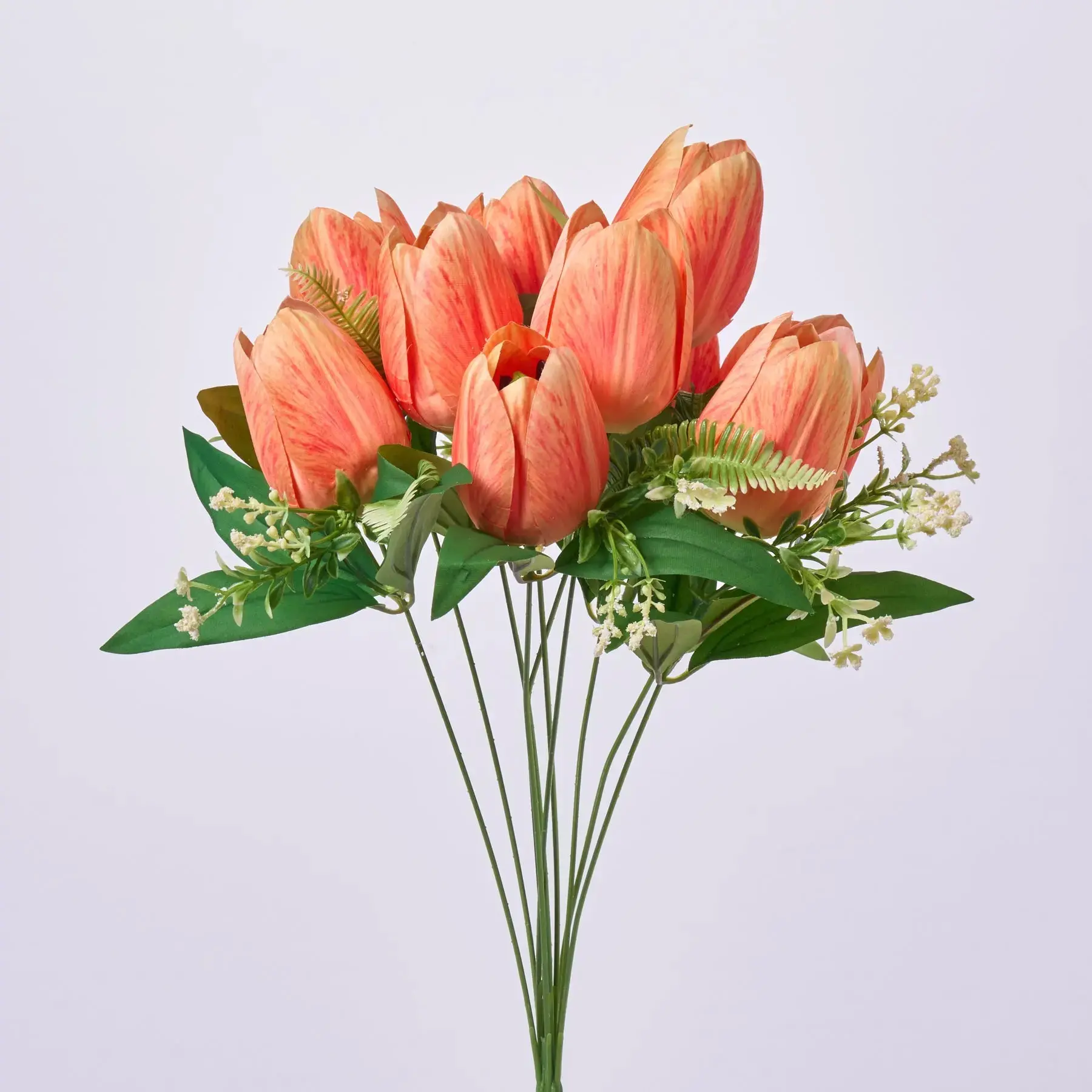 19" Tall x 9" Wide x 5" Diameter Orange Silk Artificial Tulip Bouquet, Bendable Blooms with Leaf Stems, Natural Floral Decor for Home Table Centerpiece