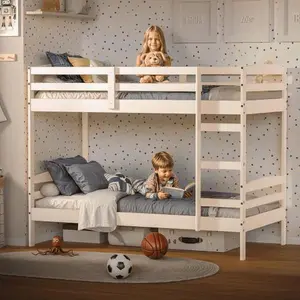 [Bellemave]DFW Bunk Bed Twin Over Twin, Pine Solid Wood Detachable Bed Frame with High Guardrails & Integrated Ladder, Wooden Slatted Bunk Bed for Teens & Adult, No Box Spring Needed, White