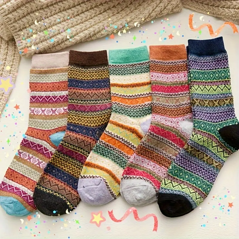 10 pairs womens Bohemian style mid calf socks ethnic patterns winter warm plush lining thickened design ideal for daily use commuting and indoor comfort