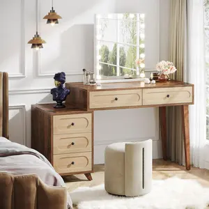 TRIBEWOOD Vanity Desk with 5 Drawers, 51-Inch Makeup Vanity Table for Women Girls, Wooden Dressing Table Set for Makeup Room, Bedroom (Without Mirror & Stool)