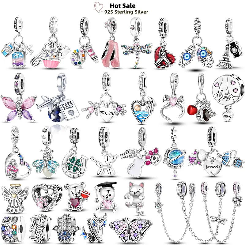 Charm 925 Silver Original Butterfly Firefly Pink Bow Coloured Charms Beads Fit Pendants Bracelet Birthday DIY Jewelry Collection