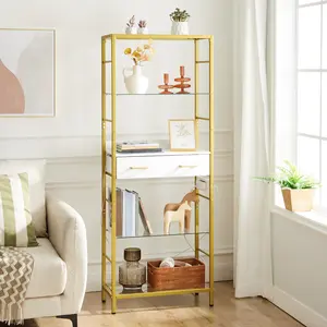 HOOBRO Gold 5-Tier Bookshelf with Drawer, Modern Tall Bookcase with Charging Station, Standing Storage Shelf with Metal Frame and Tempered Glass, for Home, Living Room, Bedroom, Large Capacity Sturdy Construction, Toy Organizer #SummerVibes