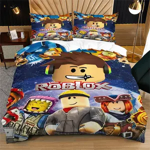 Game Theme Bedding Set, Cartoon Block Print Sheet and Pillowcases, Perfect Gift for Gamers, 1 Piece Duvet Cover and 1/2 Pillowcases