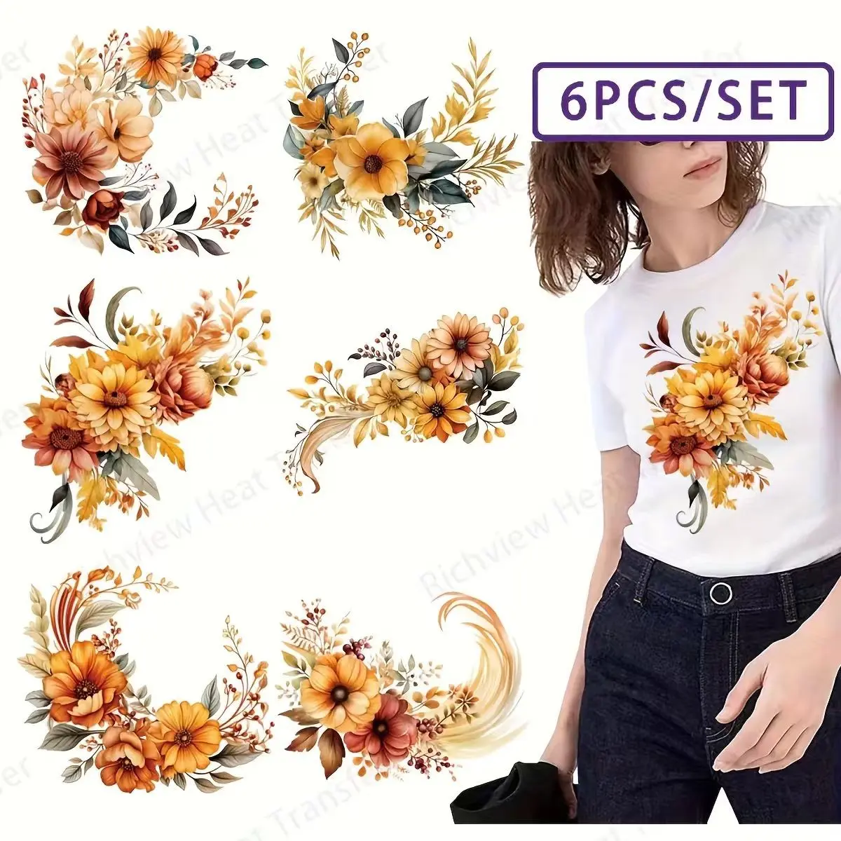 6 Piece Floral Iron-On Patches, 3D Printed Vibrant Flower Patterns, Washable Vinyl Heat Transfer Stickers for DIY T-Shirts, Jackets, Bags