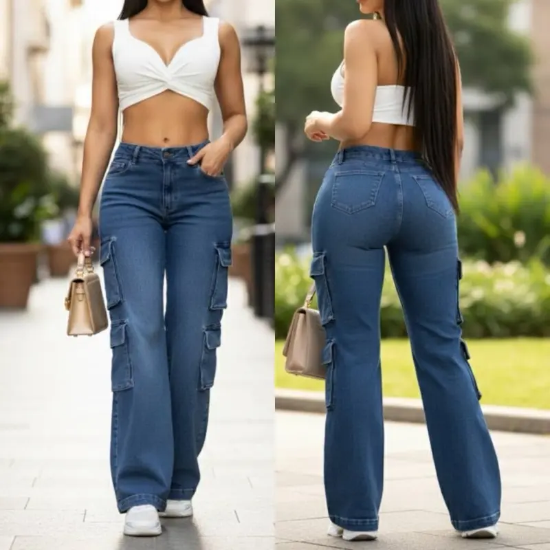Women's P77-30 Colombian Style Stretch Cargo Jeans, Bottom with Pockets, Comfortable Fit, Cargo Jeans Bring Attitude to Basics, Daily Wear Ready Denim, Stretch Jeans, Colombian Style Jeans