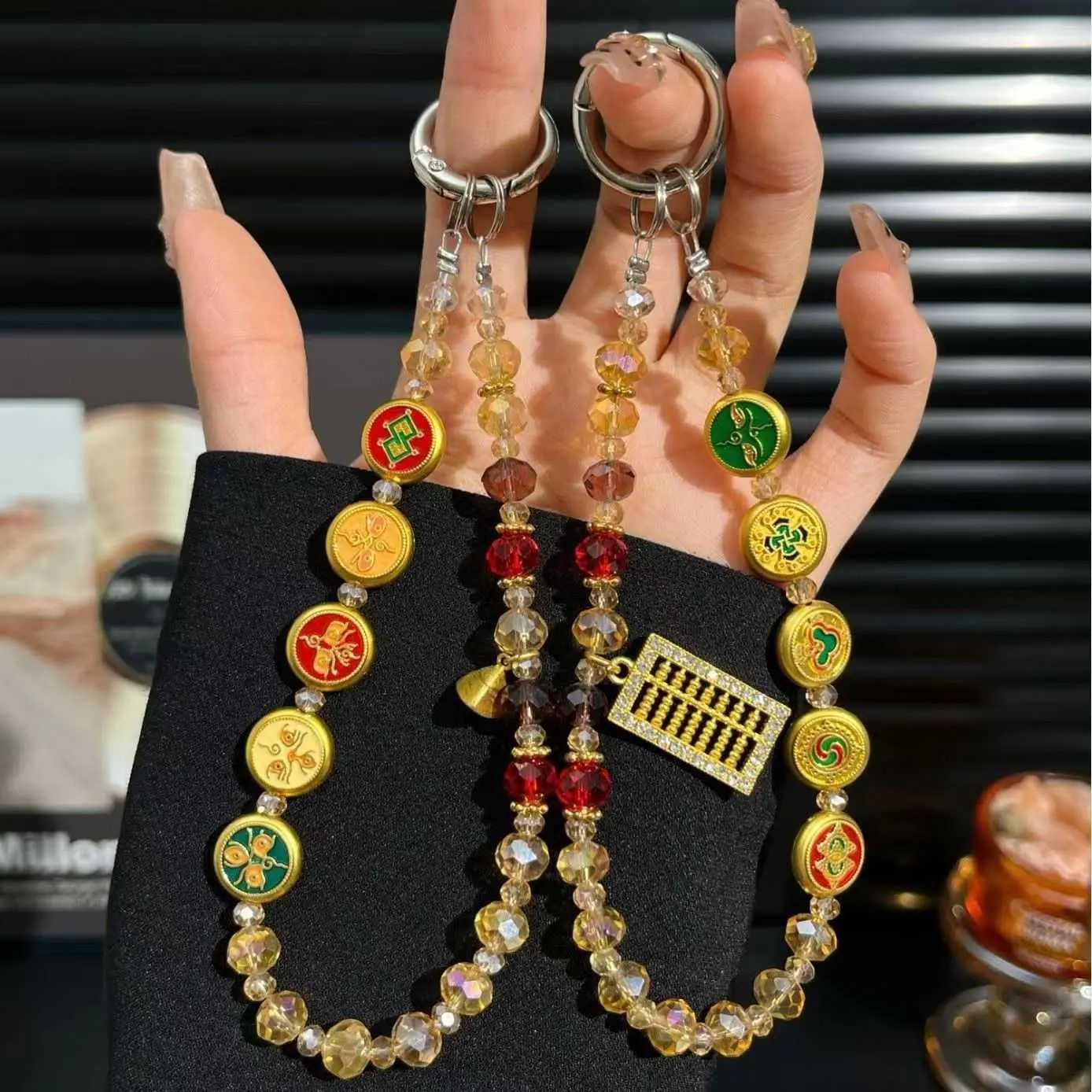 New Year Chinese Style Five Gods of Wealth Alloy Phone Chain  Beaded Short Bag Keychain Charm Crossbody Lanyard HNN92PL