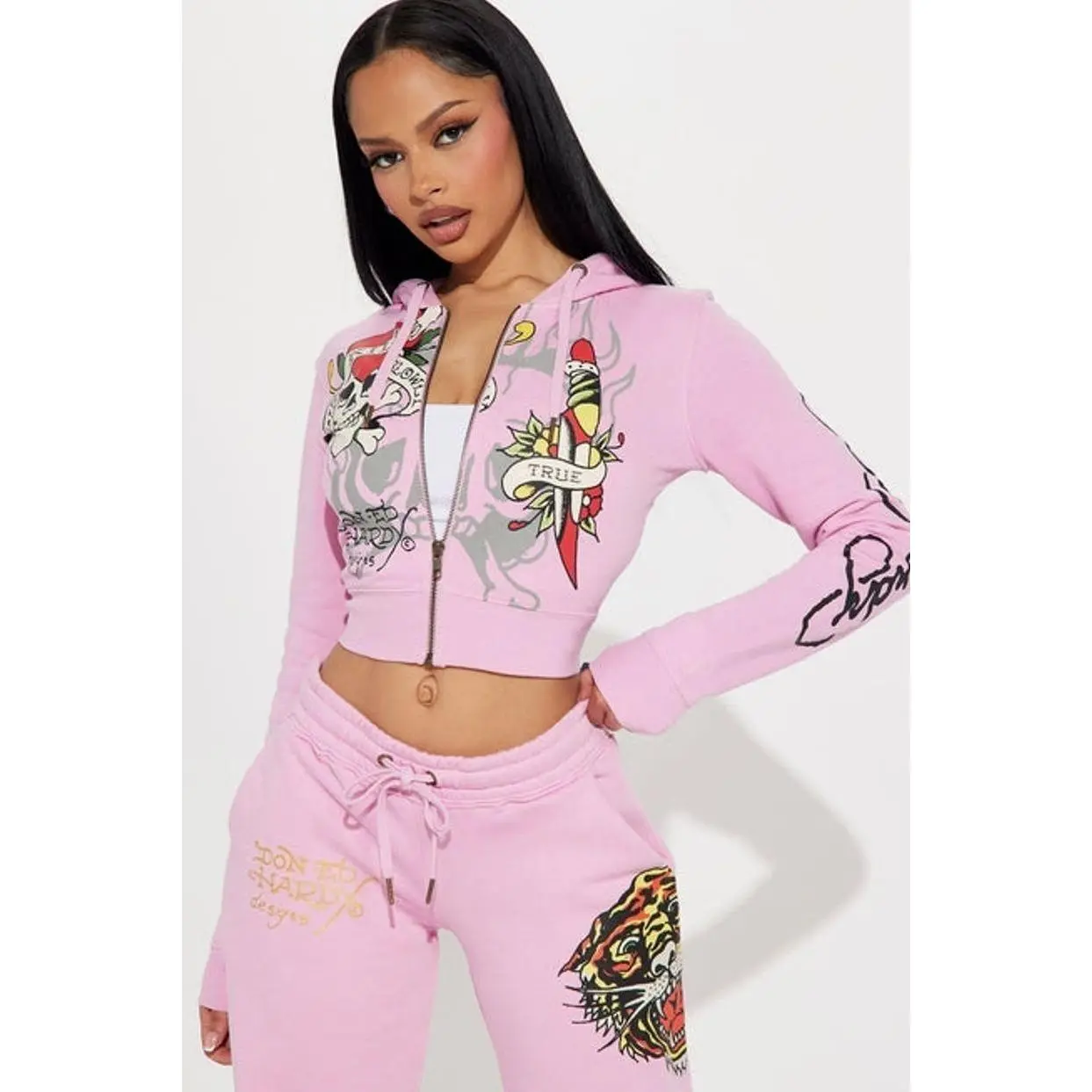 Women's Ed Hardy Tiger Roar Plus Size Zip-Up Hoodie - Pink, Long Sleeve, Casual, Screen Print Graphic, Drawstring, Polyester-Cotton Blend, Imported Tops