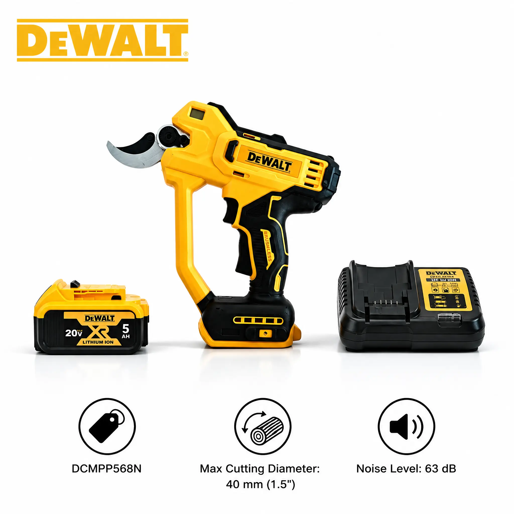 DeWalt DCMPP568N 20V MAX Cordless Electric Pruner Shears Set for Landscaping Vineyard Bush Pruning Powered by 40mm 1.5 Inch Capacity Non-Stick Bypass Blade Low Noise Motor Safety Lock Switch