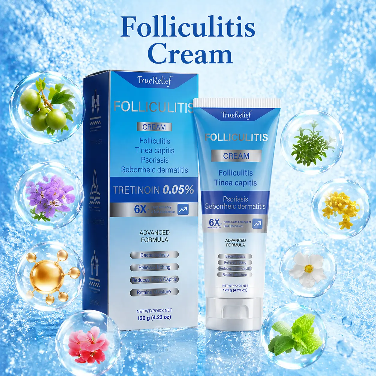 TrueRelief Folliculitis & Keratosis Pilaris Cream, 120g – Organic Gentle Soothing Cream for Scalp, Face & Body – Effective Botanical Relief for KP Bumps & Folliculitis