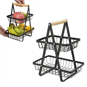 2 Tier Portable Fruit Basket, Countertop Fruit Bowle Basket for Kitchen Organizer Storage Fruits Vegetable Bread Snacks, Detachable Metal Rectangle Basket with wood