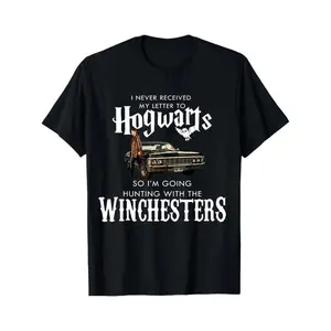 🧙‍♂️🦇[100% Cotton][Graphic Tee] Black Hogwarts & Winchesters Hunting Graphic T-Shirt – Casual Unisex Tee for Harry Potter & Supernatural Fans, Geek Holiday Shirt, Adult & Youth Fan Outfit, Fun Festive Party Top, Perfect Fandom Gift