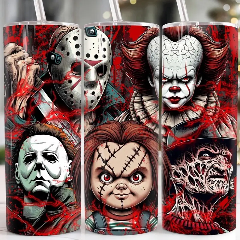 Horror 20oz Tumbler with Classic Movie Characters Design Featuring Michael Myers, Pennywise, and More