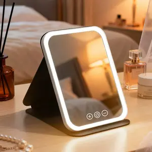 Makeup Mirror with Lights, USB Rechargeable Vanity Mirror with Stand, 3 Color LED Lighting Dimmable Brightness Adjustable Angle Compact Mirror, Foldable Cosmetic Mirror, Portable Travel Makeup Mirror, Birthday Anniversary Gift for Women